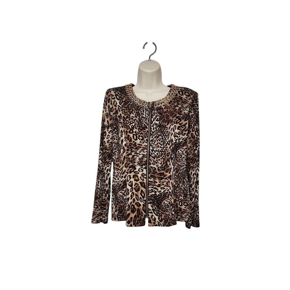 MSK Women's Animal Print Long Sleeve Zipper Blouse Medium Brown Black